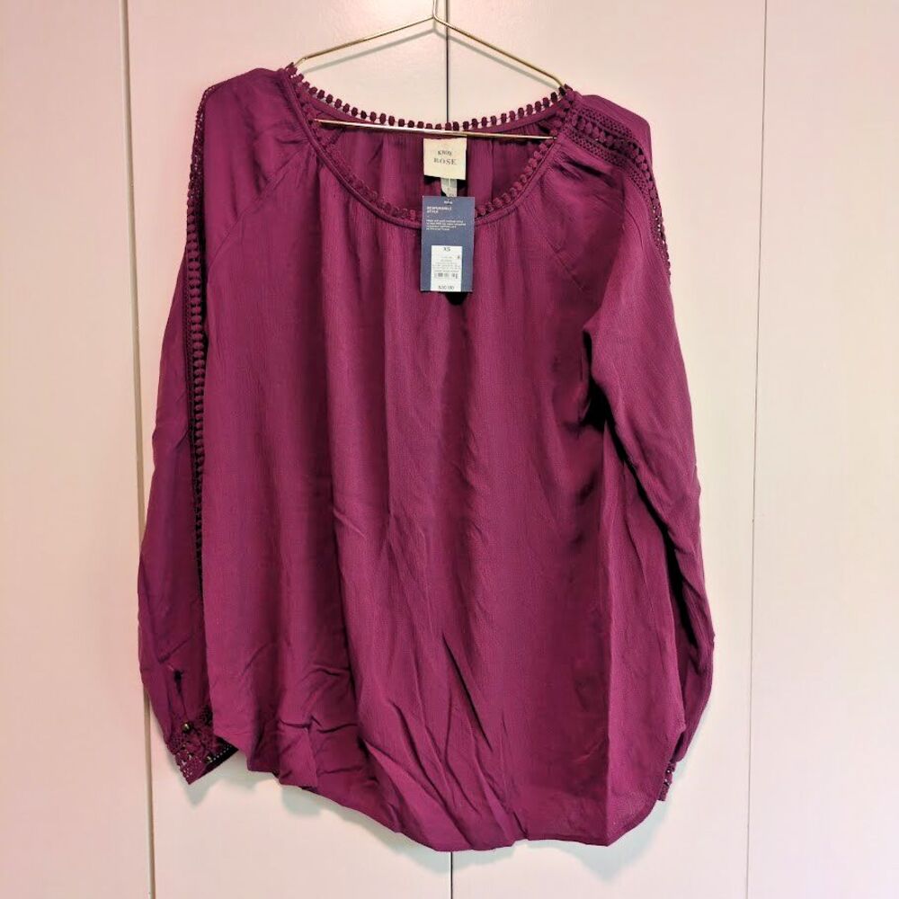 Knox Rose Blouse Women's XS Round Neck Long Sleeve Sheer Shirt Top Purple